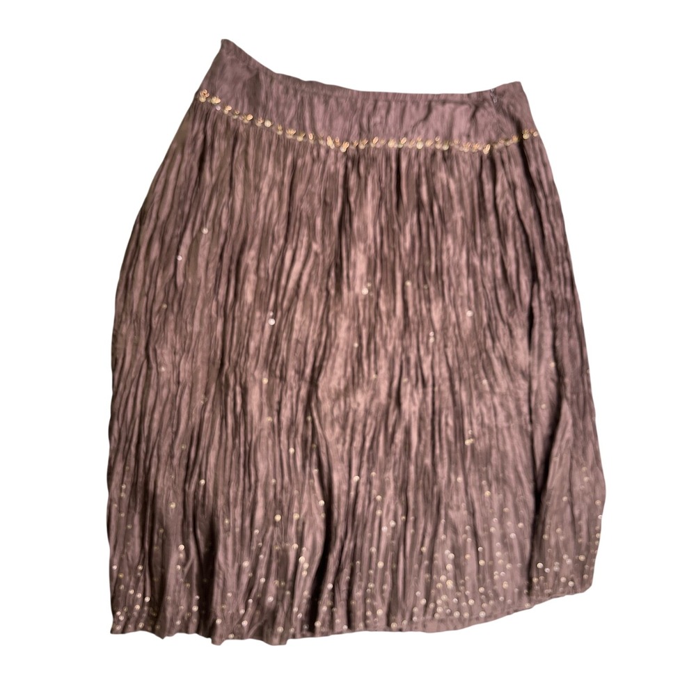 Talbots 18W 100% Silk Brown Midi Skirt Crinkle Sequin Beaded Embellished